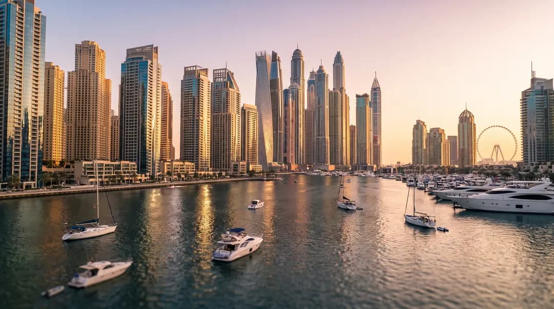 Dubai Marina waterfront skyline at golden hour — area investment guide