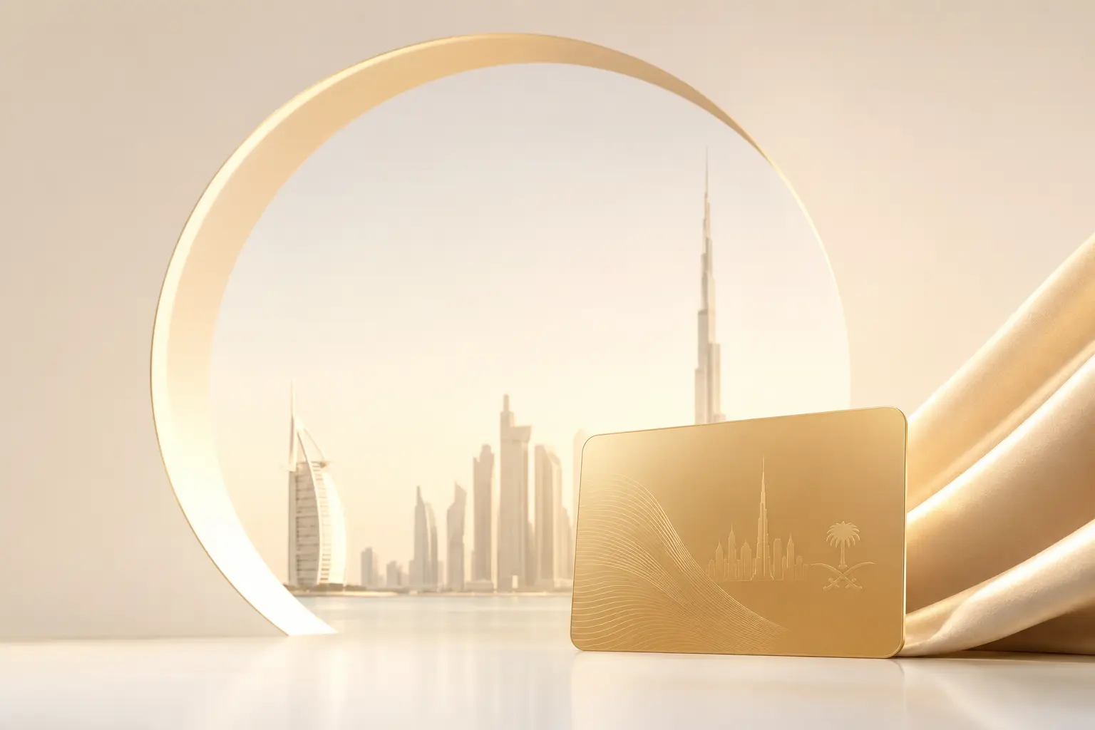 UAE Golden Visa card with a view of Burj Khalifa and Burj Al Arab in Dubai